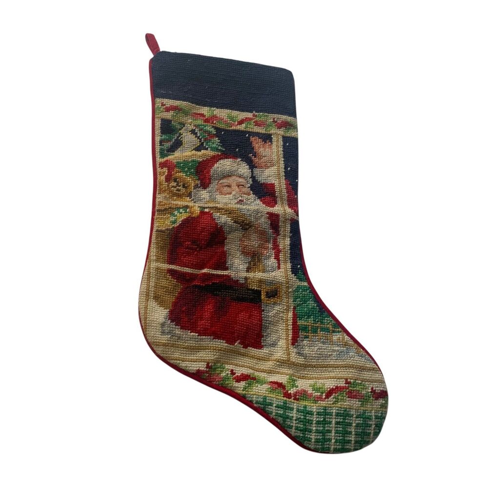 Vintage Needlepoint Christmas Stocking Santa Clause Toy Sack Velvet Red